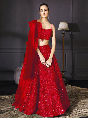 Rajwada Women Red Designer Sequence Semi Stitched Lehenga With Unstitched Blouse