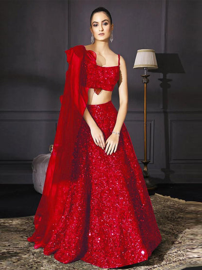 Rajwada Women Red Designer Sequence Semi Stitched Lehenga With Unstitched Blouse