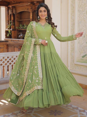 Rajwada Light Olive Green Georgette Embroidered Gown For Women