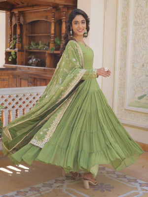 Rajwada Light Olive Green Georgette Embroidered Gown For Women