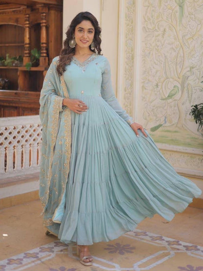 Rajwada Sky Blue Georgette Embroidered Gown For Women