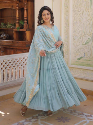 Rajwada Sky Blue Georgette Embroidered Gown For Women
