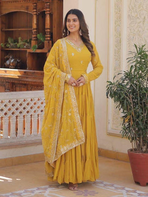 Rajwada Yellow Georgette Embroidered Gown For Women