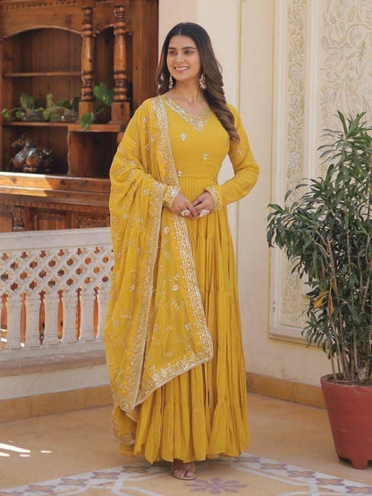 Rajwada Yellow Georgette Embroidered Gown For Women