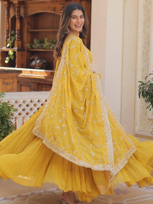 Rajwada Yellow Georgette Embroidered Gown For Women
