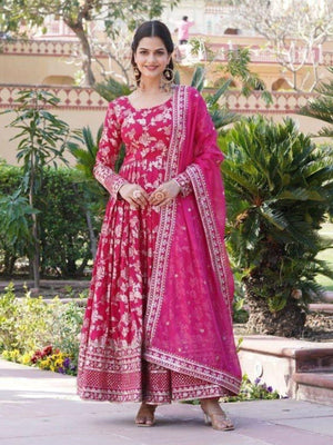 Rajwada Pink Viscose Embroidered Gown For Women