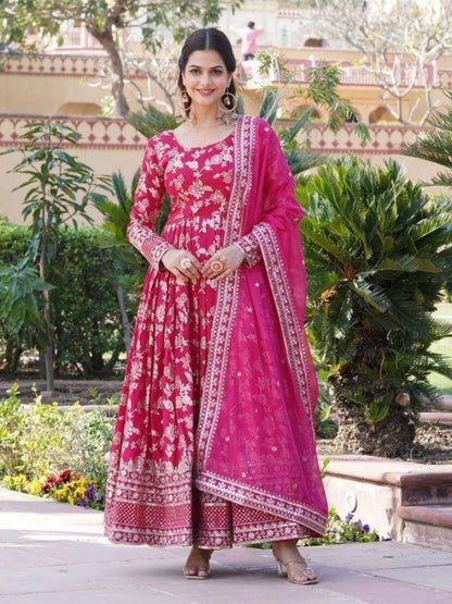 Rajwada Pink Viscose Embroidered Gown For Women