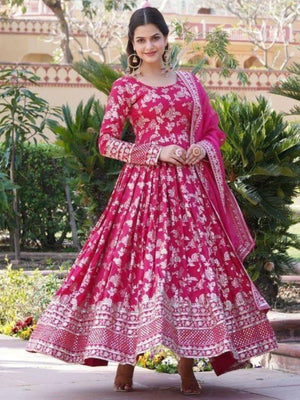 Rajwada Pink Viscose Embroidered Gown For Women