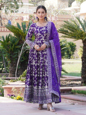 Rajwada Violet Viscose Embroidered Gown For Women