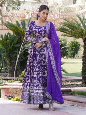Rajwada Violet Viscose Embroidered Gown For Women