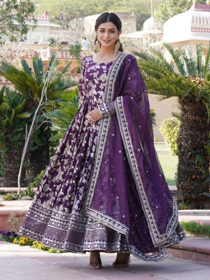 Rajwada Dark Purple Viscose Embroidered Gown For Women