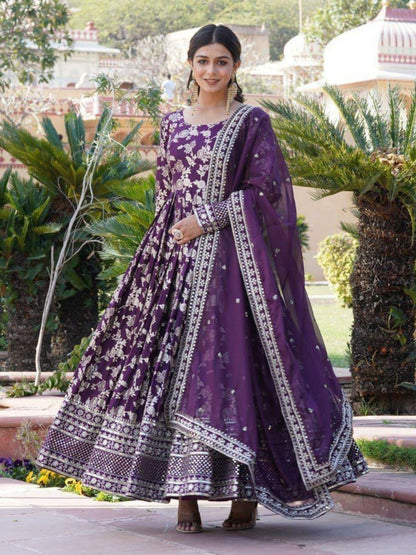 Rajwada Dark Purple Viscose Embroidered Gown For Women