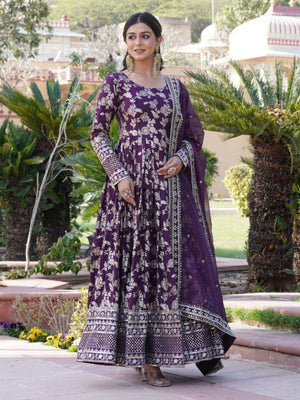 Rajwada Dark Purple Viscose Embroidered Gown For Women