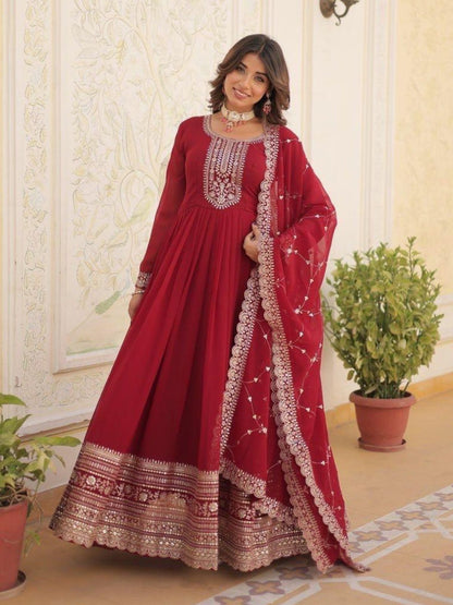 Rajwada Maroon Georgette Embroidered Gown For Women
