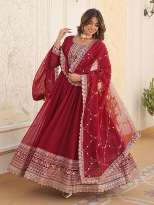 Rajwada Maroon Georgette Embroidered Gown For Women