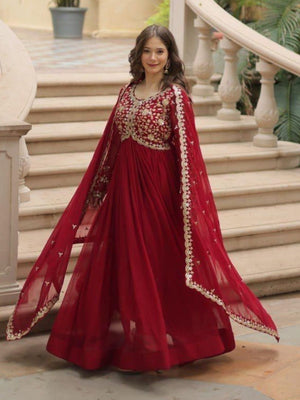 Rajwada Maroon Georgette Embroidered Gown For Women