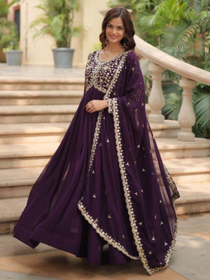 Rajwada Dark Purple Georgette Embroidered Gown For Women