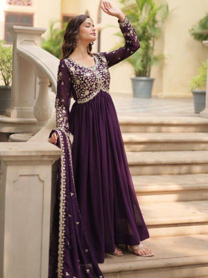 Rajwada Dark Purple Georgette Embroidered Gown For Women