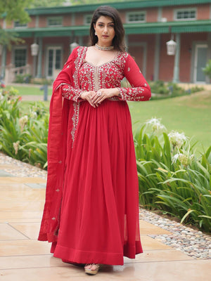 Rajwada Red Georgette Embroidered Gown For Women