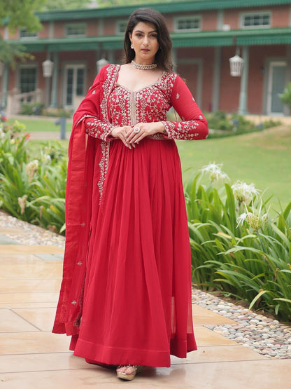 Rajwada Red Georgette Embroidered Gown For Women