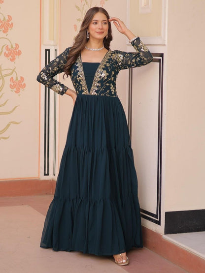 Rajwada Deep Teal Blue Georgette Embellished Gown For Women