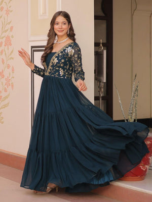 Rajwada Deep Teal Blue Georgette Embellished Gown For Women