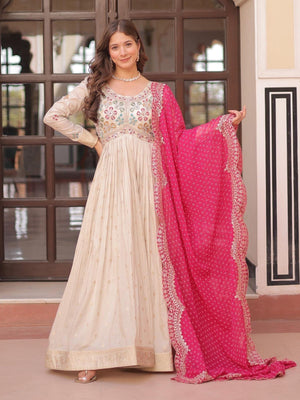 Rajwada Cream Georgette Embroidered Gown For Women
