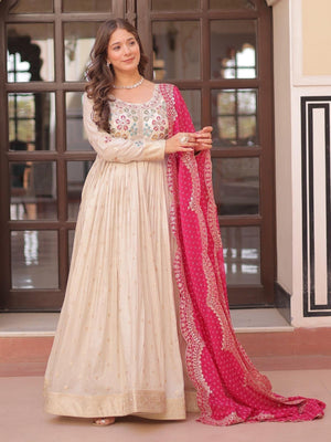 Rajwada Cream Georgette Embroidered Gown For Women