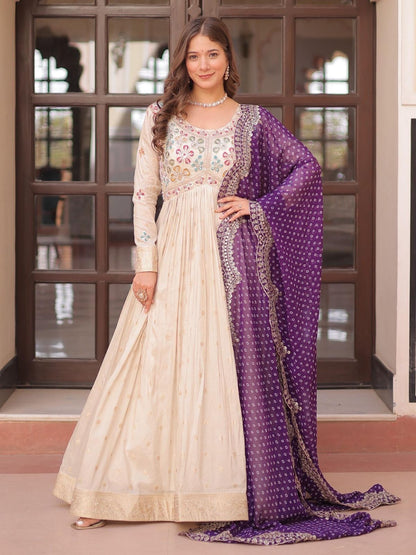 Rajwada Cream Georgette Embroidered Gown For Women