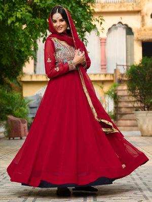 Rajwada Maroon Georgette Thread Work Gown For Women