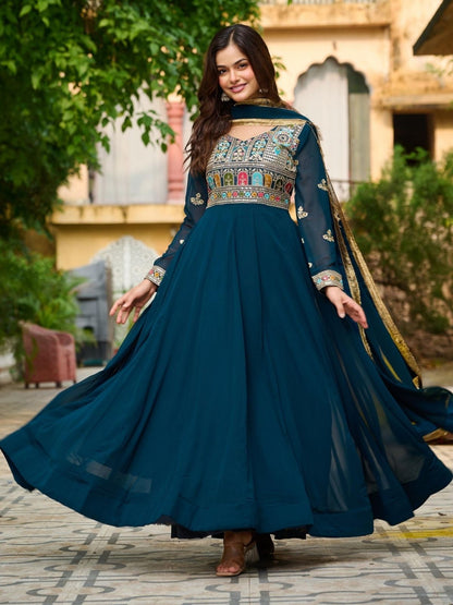 Rajwada Dark Teal Blue Georgette Thread Work Gown For Women