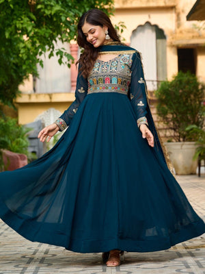 Rajwada Dark Teal Blue Georgette Thread Work Gown For Women