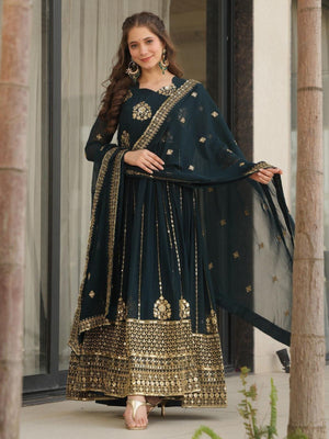Rajwada Dark Teal Green Georgette Embroidered Gown For Women
