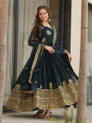 Rajwada Dark Teal Green Georgette Embroidered Gown For Women