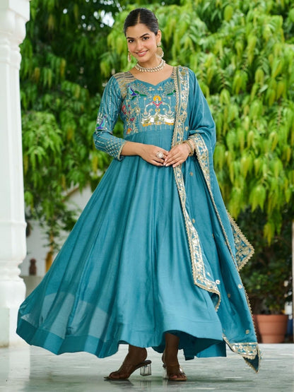Rajwada Teal Blue Silk Embroidered Gown For Women
