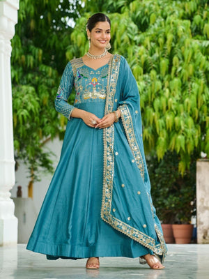 Rajwada Teal Blue Silk Embroidered Gown For Women
