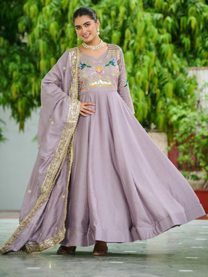 Rajwada Dusty Lavender Silk Embroidered Gown For Women