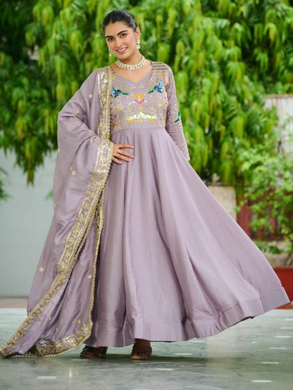 Rajwada Dusty Lavender Silk Embroidered Gown For Women