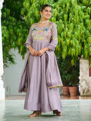 Rajwada Dusty Lavender Silk Embroidered Gown For Women