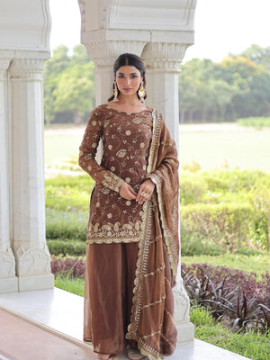 Rajwada Brown Silk Blend Embellished Stitched Kurta Set For Women