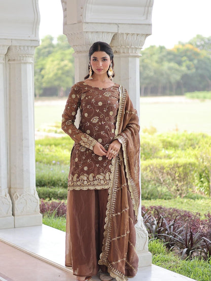 Rajwada Brown Silk Blend Embellished Stitched Kurta Set For Women