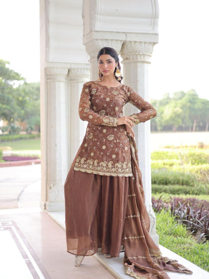 Rajwada Brown Silk Blend Embellished Stitched Kurta Set For Women