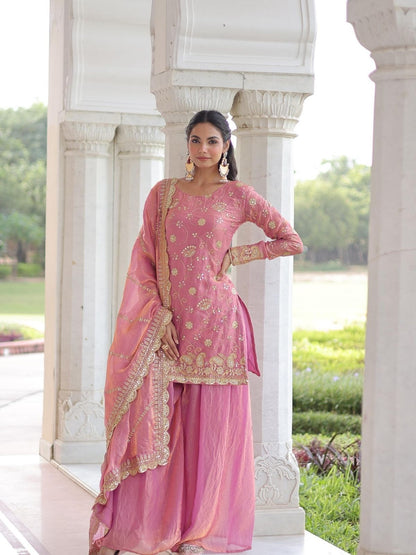 Rajwada Pink Silk Blend Embellished Stitched Kurta Set For Women