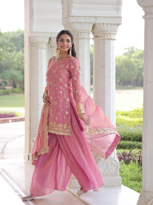 Rajwada Pink Silk Blend Embellished Stitched Kurta Set For Women