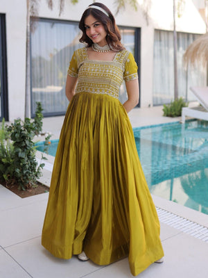 Rajwada Olive Mustard Georgette Embellished Gown For Women