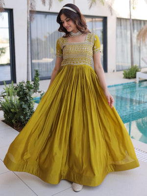 Rajwada Olive Mustard Georgette Embellished Gown For Women