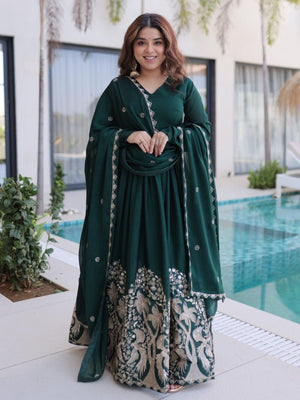 Rajwada Dark Green Silk Blend Embroidered Gown For Women