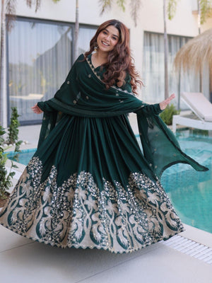 Rajwada Dark Green Silk Blend Embroidered Gown For Women