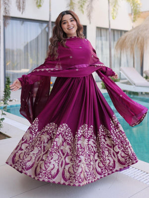 Rajwada Deep Magenta Silk Blend Embroidered Gown For Women
