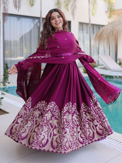 Rajwada Deep Magenta Silk Blend Embroidered Gown For Women